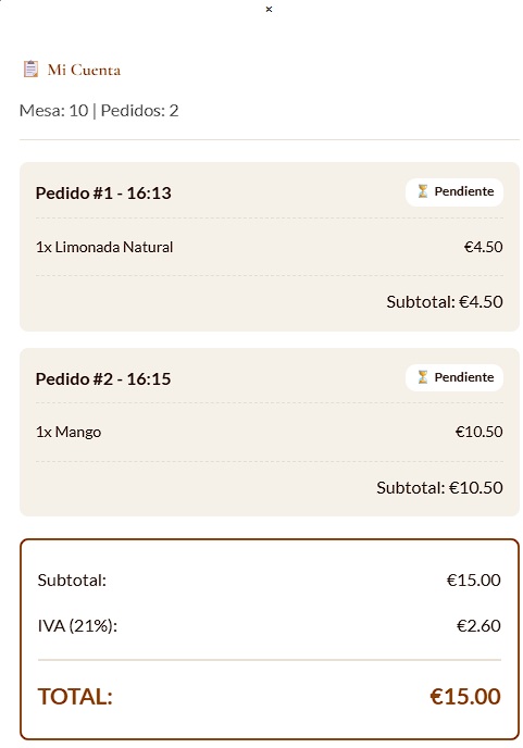 Vista de la cuenta con todos los pedidos de la sesion